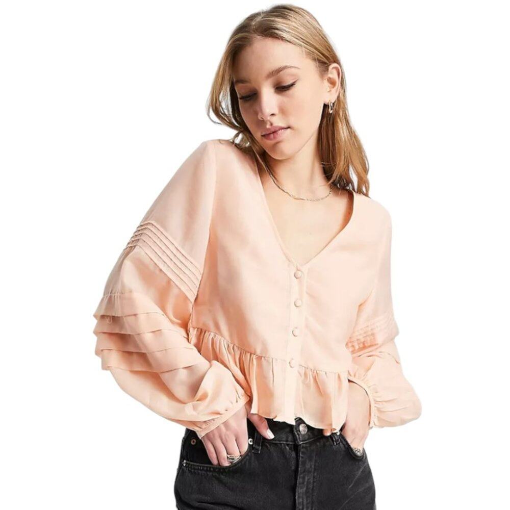 ASOS Design Peach Button Through Pleated Sleeve Top Size 12 NWOT